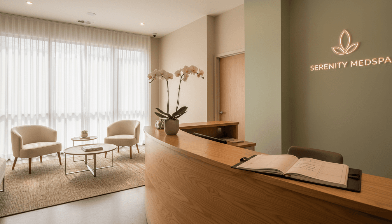 A medium-wide shot of a peaceful MedSpa reception area